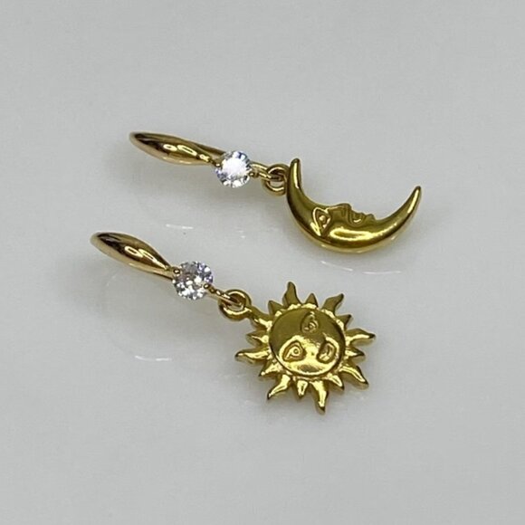 Gold Sun & Moon Earrings Stainless Steel Cubic Zirconia Earwires - Picture 3 of 5